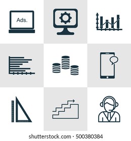 Set Of 9 Universal Editable Icons For Human Resources, Education And Marketing Topics. Includes Icons Such As Bars Chart, Messaging, Raise Diagram And More.