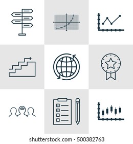 Set Of 9 Universal Editable Icons For Airport, Statistics And Project Management Topics. Includes Icons Such As World, Present Badge, Growth And More.
