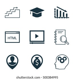 Set Of 9 Universal Editable Icons For Project Management, Statistics And Education Topics. Includes Icons Such As Video Player, Analysis, Employee Location And More.