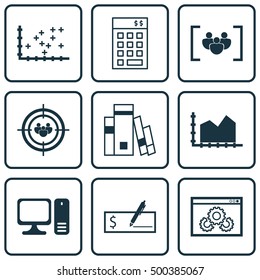 Set Of 9 Universal Editable Icons For Education, Marketing And Statistics Topics. Includes Icons Such As Questionnaire, Investment, Desktop Computer And More.