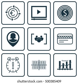Set Of 9 Universal Editable Icons For Travel, Advertising And SEO Topics. Includes Icons Such As Pin Employee, Keyword Optimisation, Business Goal And More.