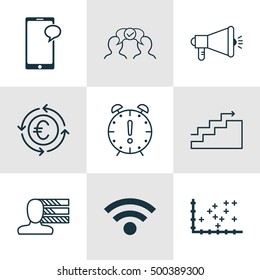 Set Of 9 Universal Editable Icons For Human Resources, Advertising And Computer Hardware Topics. Includes Icons Such As Currency Recycle, Time Management, Plot Diagram And More.