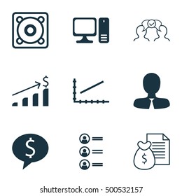 Set Of 9 Universal Editable Icons For Project Management, Statistics And Computer Hardware Topics. Includes Icons Such As Desktop Computer, Report, Job Applicants And More.