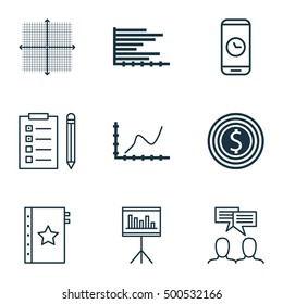 Set Of 9 Universal Editable Icons For Project Management, Statistics And Airport Topics. Includes Icons Such As Warranty, Presentation, Bars Chart And More.
