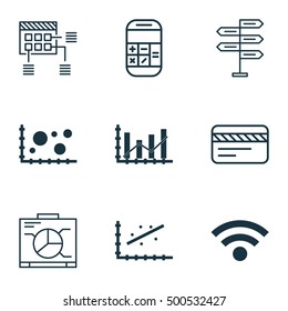 Set Of 9 Universal Editable Icons For Project Management, Computer Hardware And Airport Topics. Includes Icons Such As Bank Card, Board, Calculation And More.