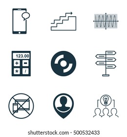 Set Of 9 Universal Editable Icons For Airport, Computer Hardware And Business Management Topics. Includes Icons Such As Forbidden Mobile, Messaging, Blank Cd And More.