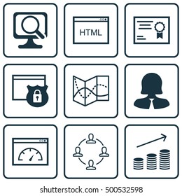 Set Of 9 Universal Editable Icons For Airport, SEO And Computer Hardware Topics. Includes Icons Such As Road Map, Loading Speed, Coding And More.