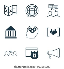 Set Of 9 Universal Editable Icons For Business Management, Marketing And Advertising Topics. Includes Icons Such As World, Road Map, Security And More.