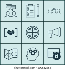 Set Of 9 Universal Editable Icons For SEO, Project Management And Business Management Topics. Includes Icons Such As Coaching, Security, Brain Process And More.