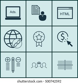 Set Of 9 Universal Editable Icons For Project Management, Business Management And SEO Topics. Includes Icons Such As Report, Digital Media, Connectivity And More.