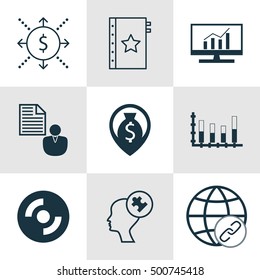 Set Of 9 Universal Editable Icons For Business Management, Advertising And Project Management Topics. Includes Icons Such As Human Mind, Connectivity, Segmented Bar Graph And More.
