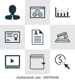 Set Of 9 Universal Editable Icons For Airport, Marketing And Statistics Topics. Includes Icons Such As Curriculum Vitae, Wallet, Video Player And More.