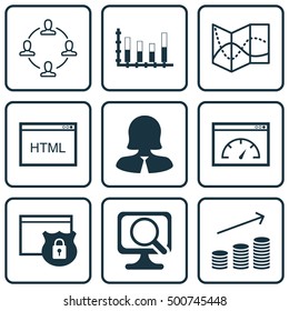 Set Of 9 Universal Editable Icons For Computer Hardware, Project Management And Airport Topics. Includes Icons Such As Security, Business Woman, Coins Growth And More.