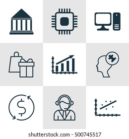 Set Of 9 Universal Editable Icons For Business Management, Education And Statistics Topics. Includes Icons Such As Education Center, Operator, Desktop Computer And More.