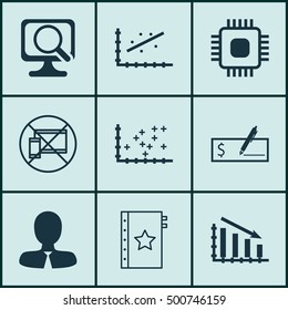 Set Of 9 Universal Editable Icons For Project Management, Airport And Computer Hardware Topics. Includes Icons Such As Forbidden Mobile, Fail Graph, Plot Diagram And More.