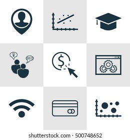 Set Of 9 Universal Editable Icons For Marketing, Airport And Human Resources Topics. Includes Icons Such As SEO Brainstorm, Employee Location, Plastic Card And More.