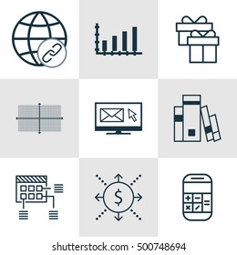 Set Of 9 Universal Editable Icons For Project Management, Statistics And Airport Topics. Includes Icons Such As Square Diagram, Schedule, Present And More.