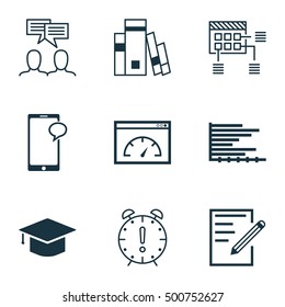 Set Of 9 Universal Editable Icons For Education, Project Management And Advertising Topics. Includes Icons Such As Discussion, Messaging, Paper And More.