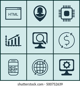 Set Of 9 Universal Editable Icons For Statistics, Computer Hardware And Airport Topics. Includes Icons Such As Pin Employee, Laptop, Profit Graph And More.