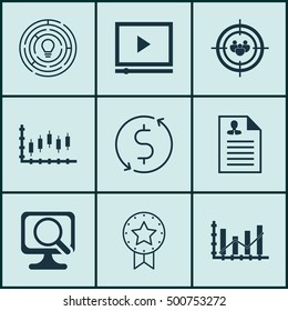 Set Of 9 Universal Editable Icons For SEO, Human Resources And Statistics Topics. Includes Icons Such As Present Badge, Curriculum Vitae, Raise Diagram And More.