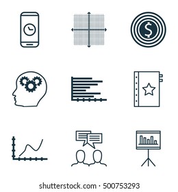 Set Of 9 Universal Editable Icons For Marketing, Project Management And Statistics Topics. Includes Icons Such As Bars Chart, Business Goal, Warranty And More.