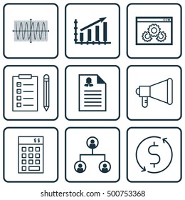 Set Of 9 Universal Editable Icons For Human Resources, Airport And Marketing Topics. Includes Icons Such As Sinus Graph, Reminder, Female Application And More.