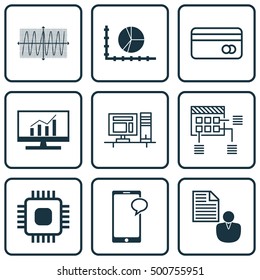Set Of 9 Universal Editable Icons For Computer Hardware, SEO And Project Management Topics. Includes Icons Such As Report, Cosinus Diagram, Market Research And More.