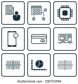 Set Of 9 Universal Editable Icons For Computer Hardware, Statistics And Marketing Topics. Includes Icons Such As Chip, Square Diagram, Computer And More.