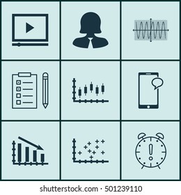 Set Of 9 Universal Editable Icons For SEO, Project Management And Statistics Topics. Includes Icons Such As Messaging, Time Management, Business Woman And More.
