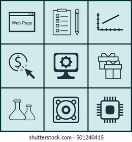 Set Of 9 Universal Editable Icons For Marketing, SEO And Airport Topics. Includes Icons Such As Music, Present, Chemical And More.