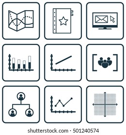 Set Of 9 Universal Editable Icons For Marketing, Human Resources And Airport Topics. Includes Icons Such As Segmented Bar Graph, Newsletter, Road Map And More.