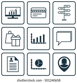 Set Of 9 Universal Editable Icons For Project Management, Marketing And SEO Topics. Includes Icons Such As Market Research, Circle Graph, Shopping And More.