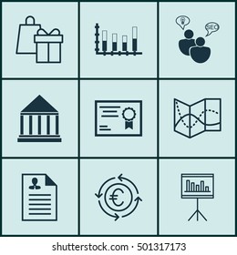 Set Of 9 Universal Editable Icons For Education, Project Management And Travel Topics. Includes Icons Such As Segmented Bar Graph, Currency Recycle, Curriculum Vitae And More.