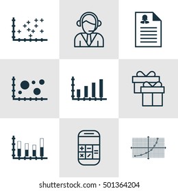 Set Of 9 Universal Editable Icons For Statistics, Human Resources And Airport Topics. Includes Icons Such As Calculation, Segmented Bar Graph, Dynamics And More.