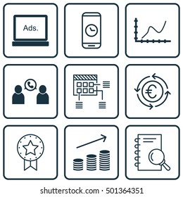 Set Of 9 Universal Editable Icons For Statistics, Project Management And SEO Topics. Includes Icons Such As Analysis, Coins Growth, Present Badge And More.
