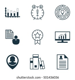 Set Of 9 Universal Editable Icons For Education, Human Resources And Statistics Topics. Includes Icons Such As Library, Pin Employee, Time Management And More.