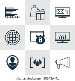 Set Of 9 Universal Editable Icons For Human Resources, Project Management And SEO Topics. Includes Icons Such As Announcement, World, Newsletter And More.