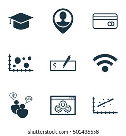 Set Of 9 Universal Editable Icons For Computer Hardware, Statistics And Airport Topics. Includes Icons Such As Plastic Card, SEO Brainstorm, Bank Payment And More.