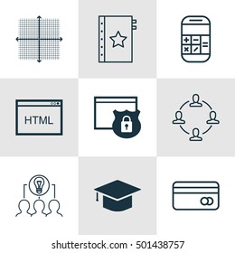 Set Of 9 Universal Editable Icons For Education, Airport And Advertising Topics. Includes Icons Such As Security, Calculation, Graduation And More.