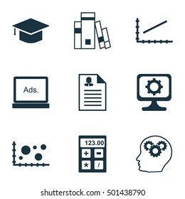 Set Of 9 Universal Editable Icons For Education, Statistics And Human Resources Topics. Includes Icons Such As PC, Brain Process, Digital Media And More.