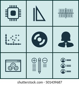 Set Of 9 Universal Editable Icons For Computer Hardware, Project Management And SEO Topics. Includes Icons Such As Measurement, Website Performance, Business Woman And More.