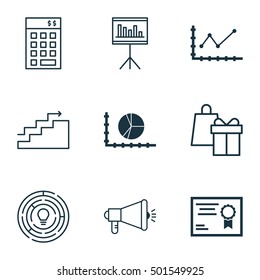 Set Of 9 Universal Editable Icons For Education, Project Management And Airport Topics. Includes Icons Such As Certificate, Growth, Changes Graph And More.