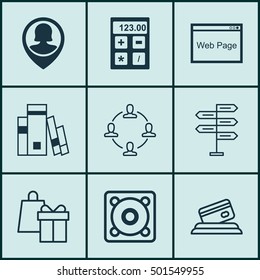 Set Of 9 Universal Editable Icons For Computer Hardware, Human Resources And Education Topics. Includes Icons Such As Website, Shopping, Library And More.