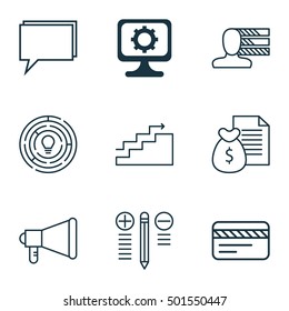 Set Of 9 Universal Editable Icons For Project Management, Advertising And Computer Hardware Topics. Includes Icons Such As Announcement, Bank Card, Decision Making And More.