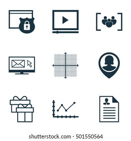 Set Of 9 Universal Editable Icons For Human Resources, Airport And Statistics Topics. Includes Icons Such As Newsletter, Video Player, Graphical Grid And More.