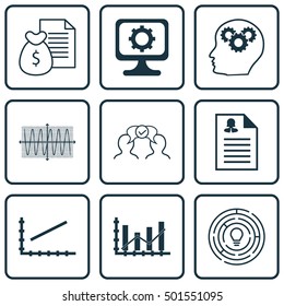 Set Of 9 Universal Editable Icons For Statistics, Advertising And Computer Hardware Topics. Includes Icons Such As PC, Report, Sinus Graph And More.