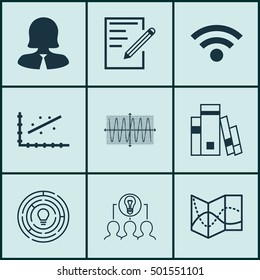 Set Of 9 Universal Editable Icons For Human Resources, Project Management And Statistics Topics. Includes Icons Such As Wireless, Analytics, Paper And More.