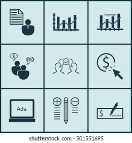 Set Of 9 Universal Editable Icons For Statistics, Advertising And SEO Topics. Includes Icons Such As SEO Brainstorm, Bank Payment, Digital Media And More.