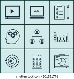 Set Of 9 Universal Editable Icons For Human Resources, Statistics And SEO Topics. Includes Icons Such As Currency Recycle, Reminder, Board And More.