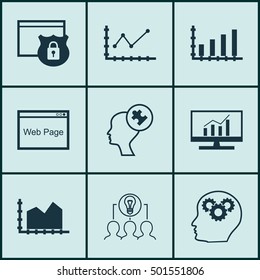 Set Of 9 Universal Editable Icons For Statistics, SEO And Business Management Topics. Includes Icons Such As Changes Graph, Security, Collaborative Solution And More.